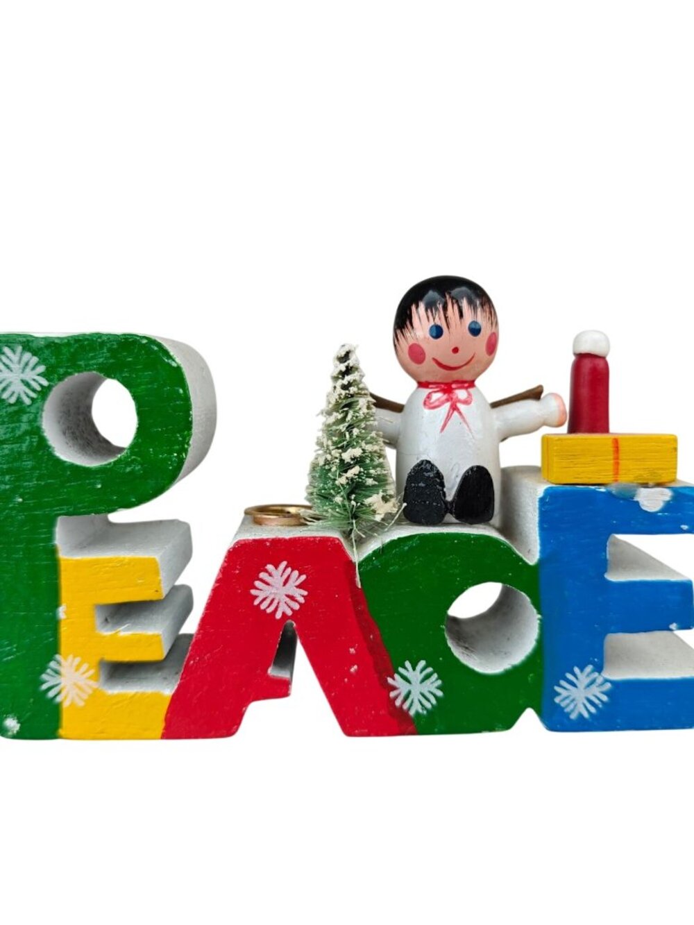 Vintage Wooden PEACE Candleholder Figurine Christmas Accents Hand-painted Giftco